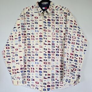 VTG Tommy Hilfiger Shirt Mens L Yellow Sailing Flags Button Front Oversized.A167
